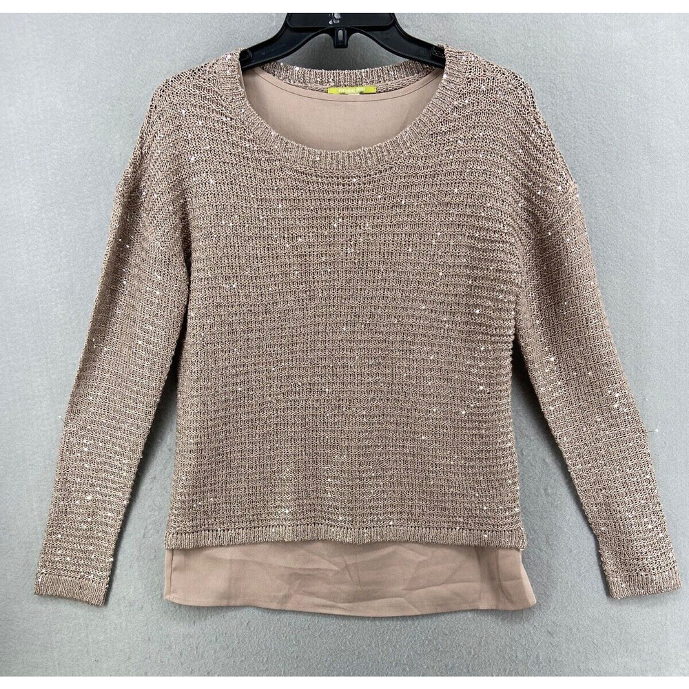 Gianni Bini Sweater Womens Sz XS Cream Sheer Bottom Rose Gold Sequins